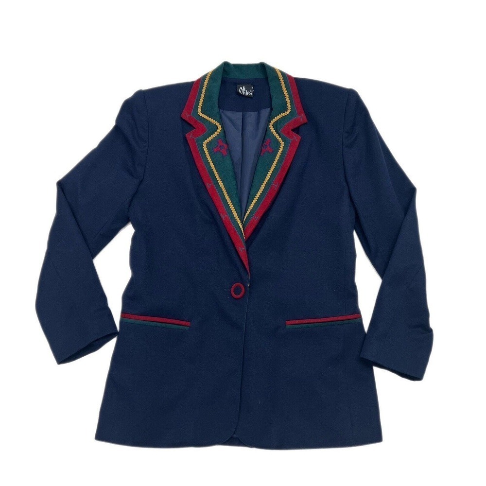 Ali Miles Blazer Jacket Size 6 Navy Blue Aztec Trim One Button Lined Pockets USA